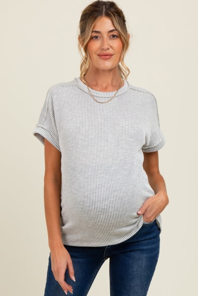 PinkBlush Heather Grey Ribbed Exposed Seam Maternity Short Sleeve Top
