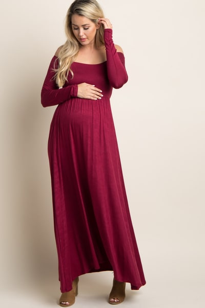 PinkBlush Dark Burgundy Solid Off Shoulder Maternity Maxi Dress