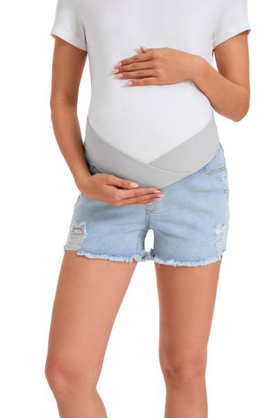 Summer Mae Maternity Ripped Denim Shorts with Under-Belly V-Shaped Waistband