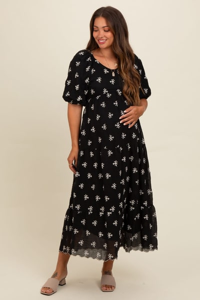 PinkBlush Black Floral Puff Sleeve Maternity Midi Dress