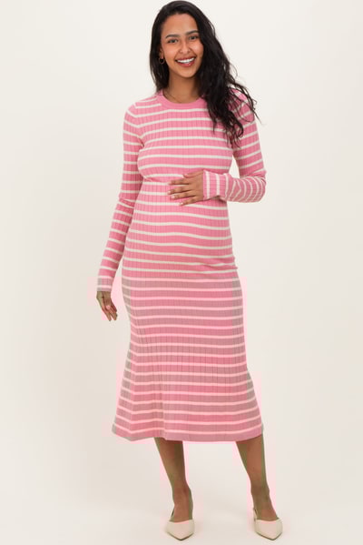 PinkBlush Pink Striped Knit Maternity Midi Flare Dress