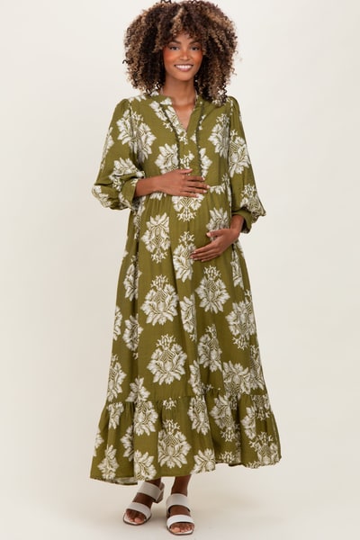 PinkBlush Olive Floral V-Neck 3/4 Sleeve Maternity Midi Dress