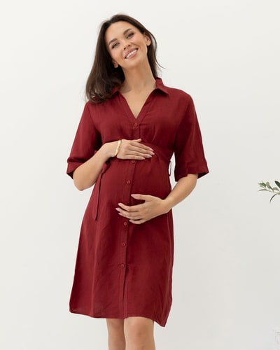 Angel Maternity Maternity Tie Waist Linen Dress in Burgundy