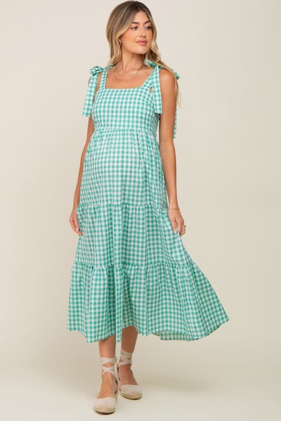 PinkBlush Green Checkered Sleeveless Tiered Maternity Maxi Dress
