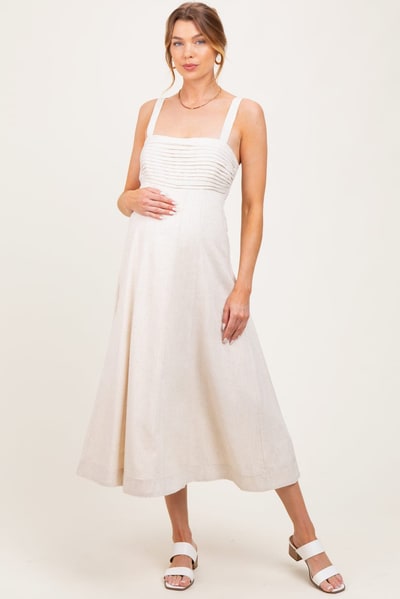 PinkBlush Cream Pleated Bodice Maternity Midi Dress
