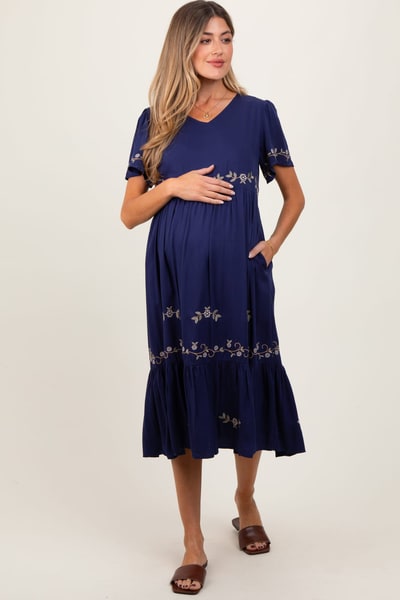PinkBlush Navy Floral Lace Maternity Midi Dress