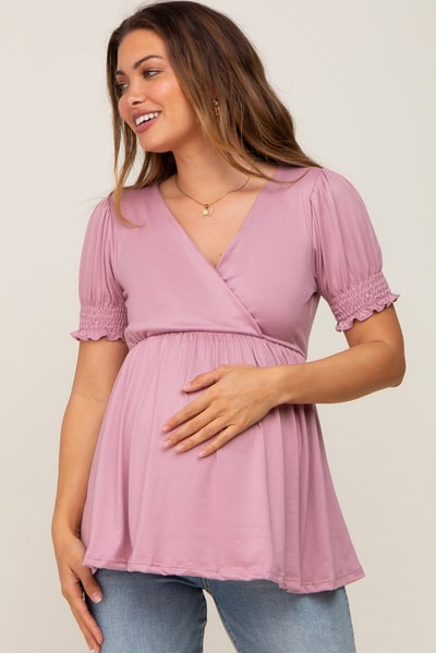 PinkBlush Mauve Puff Sleeve Crossover Maternity/Nursing Top