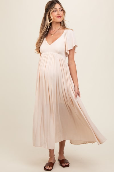 PinkBlush Cream V-Neck Flutter Short Sleeve Maternity Midi Dress