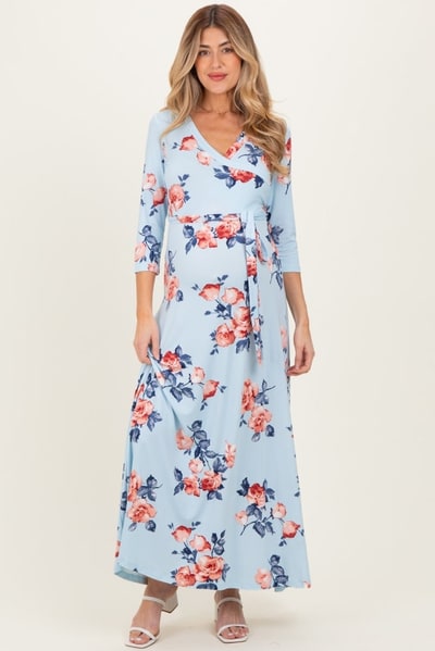 PinkBlush Sky Blue Floral Maternity Wrap Maxi Dress