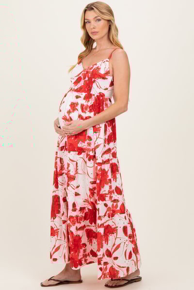 PinkBlush Red Floral Tiered Cutout Tie Back Maternity Maxi Dress