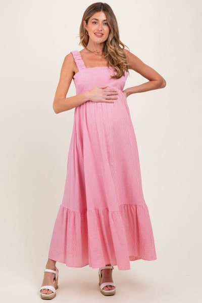 PinkBlush Red Scrunch Strap Back Tie Ruffle Maternity Maxi Dress