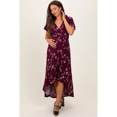 Target Pinkblush Burgundy Floral Short Sleeve Wrap Hi-Low Maternity Maxi Dress Medium