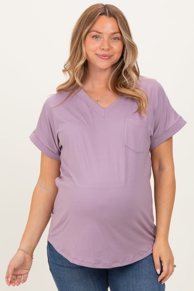 PinkBlush Lavender V-Neck Pocket Short Sleeve Maternity Shirt