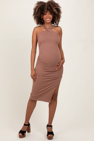 PinkBlush Mocha Halter Tied Criss-Cross Ribbed Maternity Midi Dress