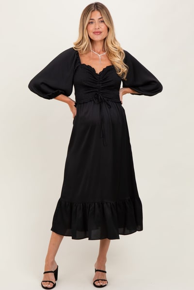 PinkBlush Black Satin Smocked Cinched Bust Maternity Midi Dress