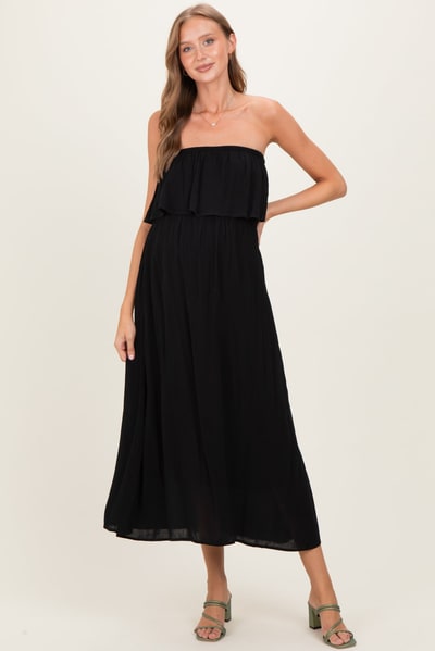 PinkBlush Black Woven Crinkle Flounce Strapless Maternity Maxi Dress