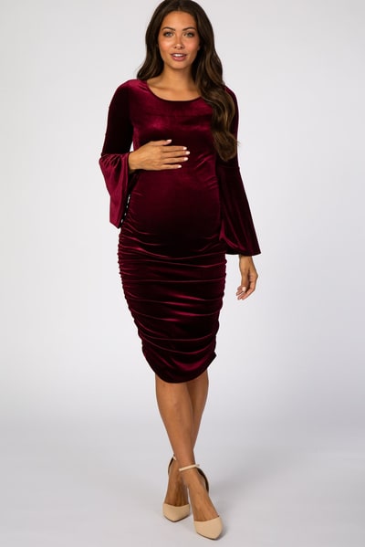 PinkBlush Burgundy Velvet Ruched Bell Sleeve Maternity Dress