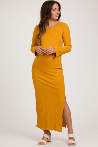 PinkBlush Yellow Ribbed Side Slit Maternity Maxi Dress