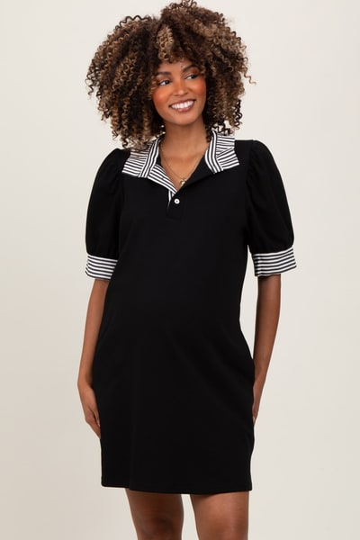 PinkBlush Black Mock Neck Contrast Striped Trim Maternity Mini Dress