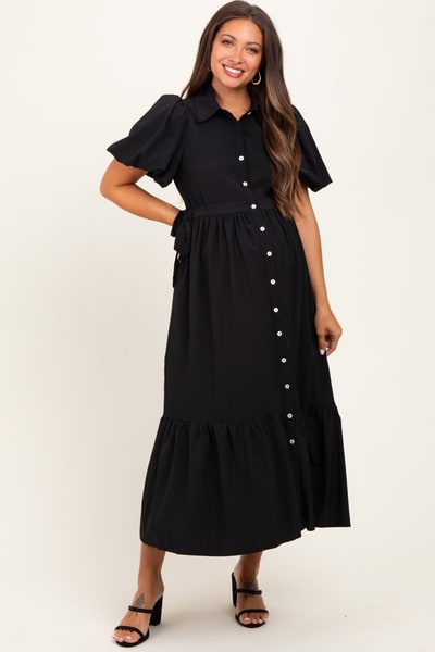 PinkBlush Black Puff Sleeve Side Tie Maternity Midi Shirt Dress