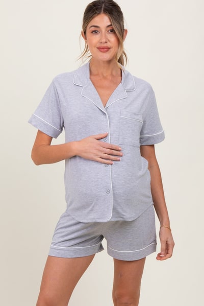 PinkBlush Heather Grey Short Sleeve Button Down Shirt Shorts Maternity Set