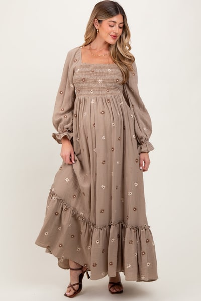 PinkBlush Grey Taupe Long Sleeve Floral Accent Maternity Dress