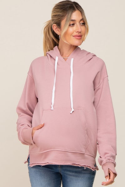 PinkBlush Mauve Raw Edge Trim Maternity Drawstring Hoodie