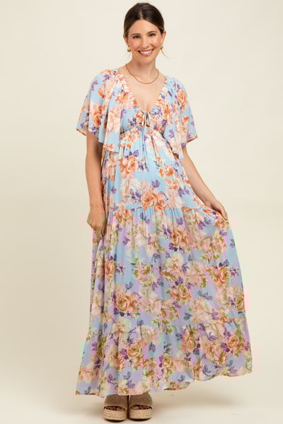 PinkBlush Light Blue Floral Flyway Sleeve V-Neck Tiered Maternity Maxi Dress