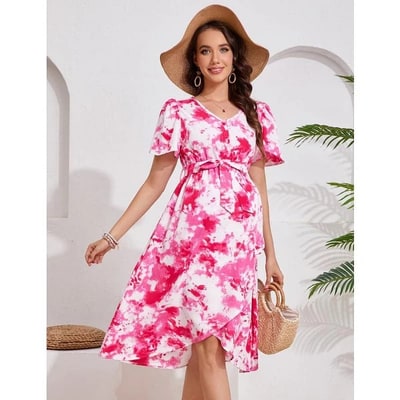 Target Women's Maternity Dress Floral V Neck Short Puff Sleeve Swing Maxi Dresses Casual for Photoshoot Baby Shower Red Large