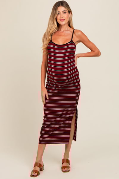 PinkBlush Burgundy Striped Ribbed Side Slit Maternity Midi Dress