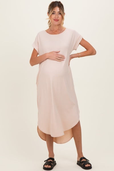 PinkBlush Beige Ribbed Curved Hem Maternity Midi Dress