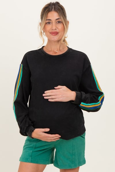 PinkBlush Black Mineral Wash Velvet Stripe Detail Maternity Sweatshirt