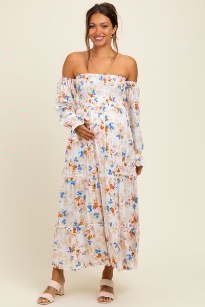 PinkBlush Ivory Floral Off Shoulder Long Sleeve Maternity Maxi Dress