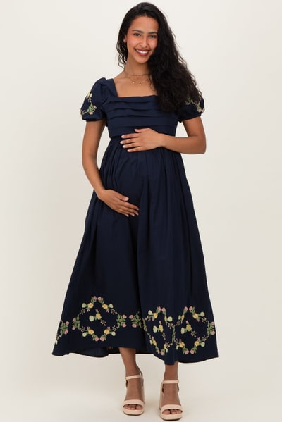 PinkBlush Navy Embroidered Floral Pleated Bodice Maternity Maxi Dress