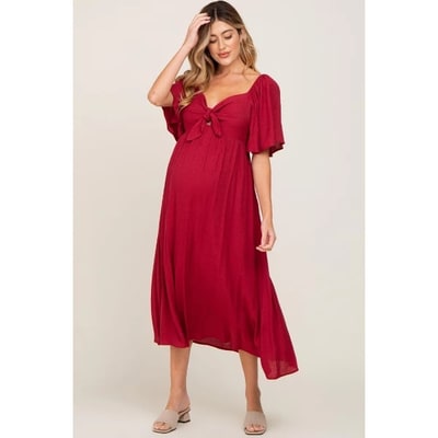 Target Pinkblush Burgundy Front Tie Ruffle Sleeve Maternity Midi Dress Small