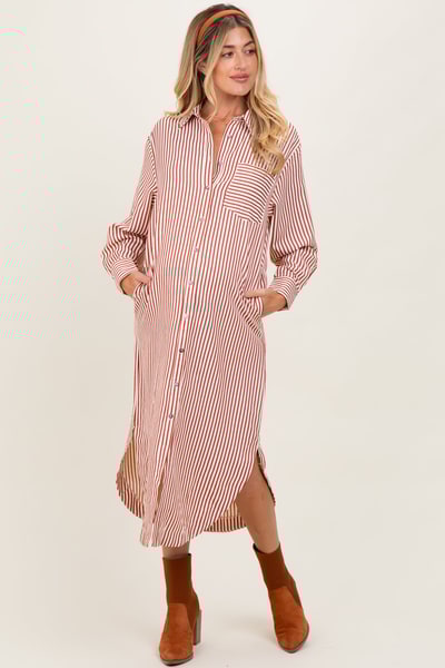 PinkBlush Rust Textured Stripe Button Down Maternity Shirt Dress