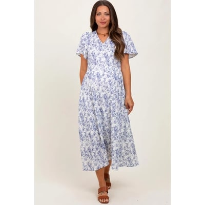 Target Pinkblush Blue Floral Button Up Tiered Maternity Midi Dress XL