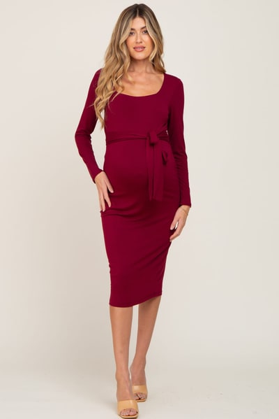 PinkBlush Burgundy Basic Square Neck Maternity Midi Dress