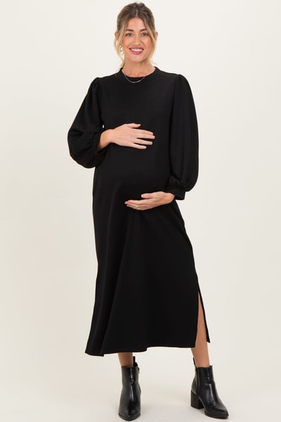 PinkBlush Black Side Slit Detail Solid Maternity Midi Dress