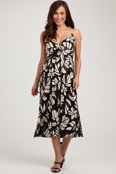 PinkBlush Black Palm Print Front Knot Twist Maternity Dress