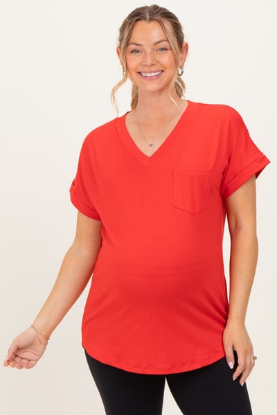 PinkBlush Red V-Neck Pocket Short Sleeve Maternity Shirt