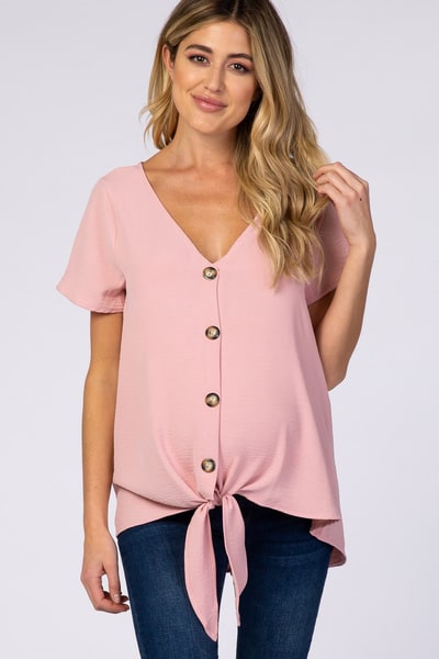 PinkBlush Light Pink Button Tie Front Maternity Top