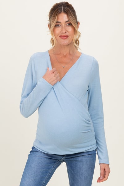 PinkBlush Light Blue Brushed Knit Wrap Front Maternity Top