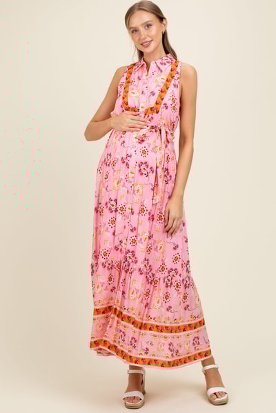 PinkBlush Pink Border Print Collared Button Down Maternity Maxi Dress