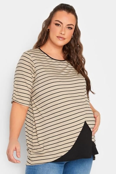 Yours Clothing BUMP IT UP MATERNITY Beige Brown Stripe Print Nursing Top