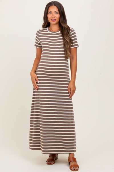 PinkBlush Brown Striped Short Sleeve Maternity Midi Dress