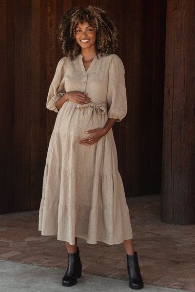 PinkBlush Taupe Floral Jacquard Button Front Tiered Maternity Dress
