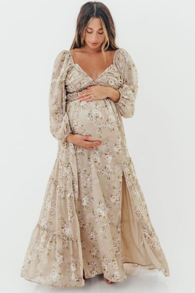 Worth Collective Daphne Long Sleeve Maxi Dress in Beige/Multi Floral - Bump Friendly & Inclusive Sizing (XS-3XL)