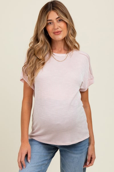 PinkBlush Pink Ribbed Exposed Seam Maternity Short Sleeve Top