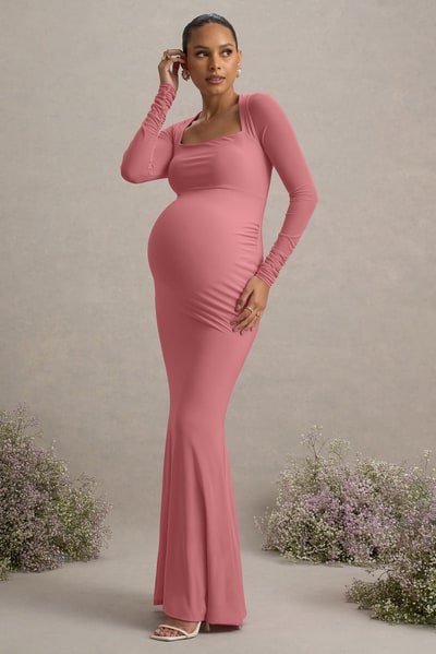 Club L London Abeam | Blush Pink Maternity Maxi Dress With Sheer Sleeves